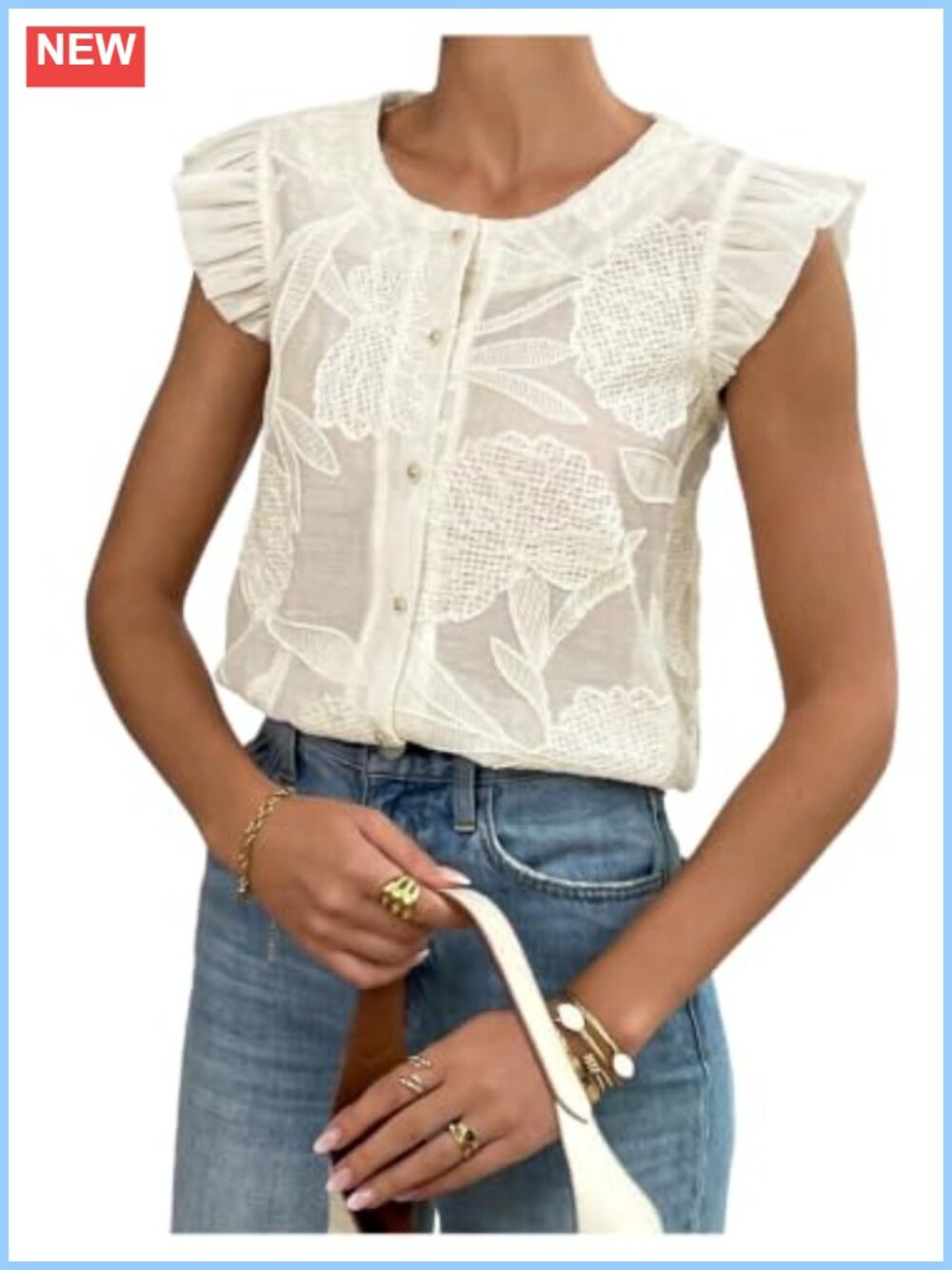 Women's Ruffle Cap Sleeve Embroidered Jacquard Button-Up Blouse